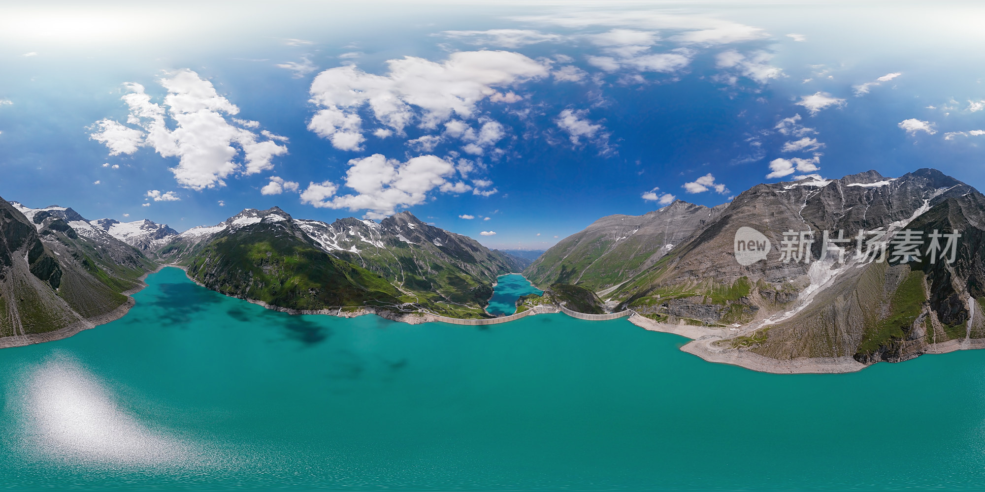 奥地利萨尔茨堡地区Hohe Tauern的卡普伦高山水库Mooserboden Stausee和Wasserfallboden的360x180度球面(等矩形)空中全景图。